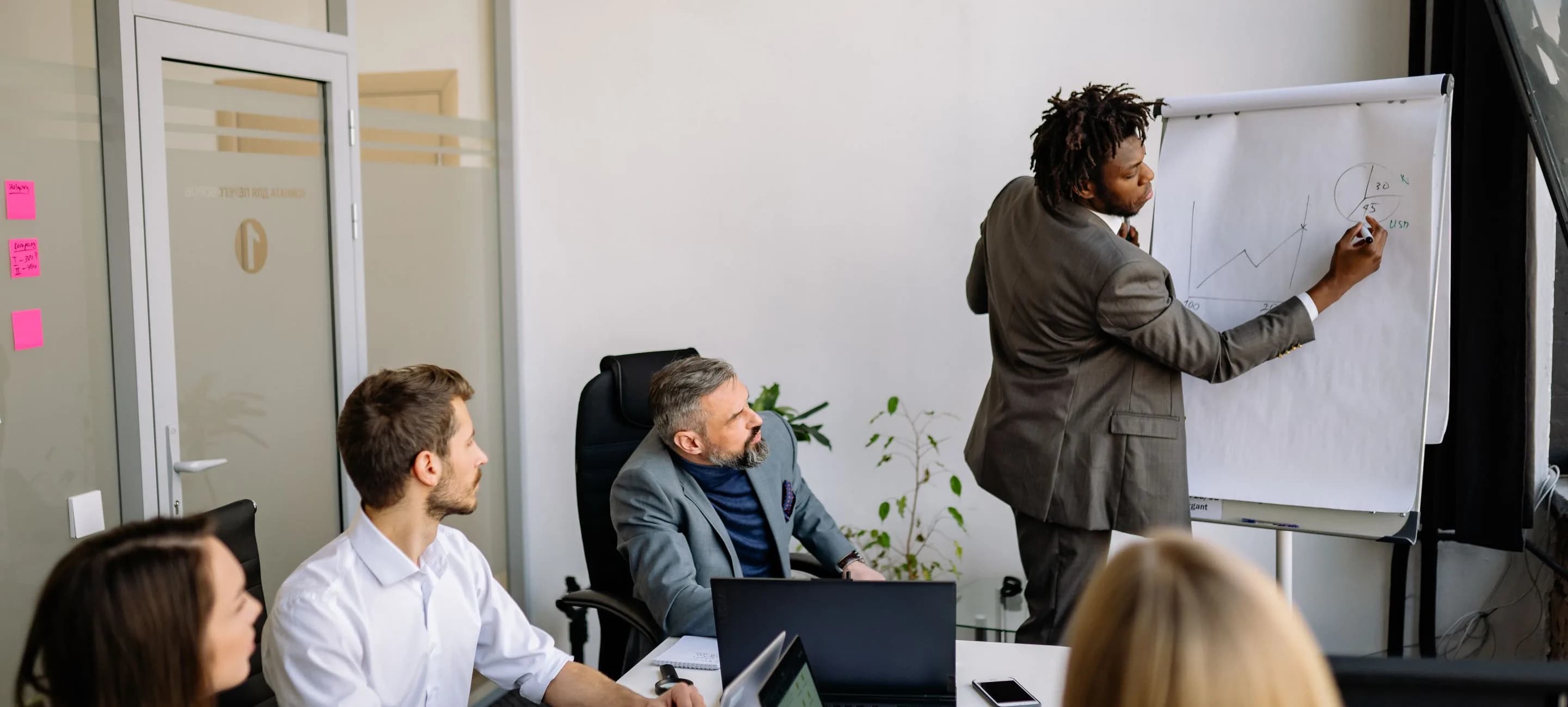A colleague drawing a chart on a flipchart while three colleagues watch from the meeting table