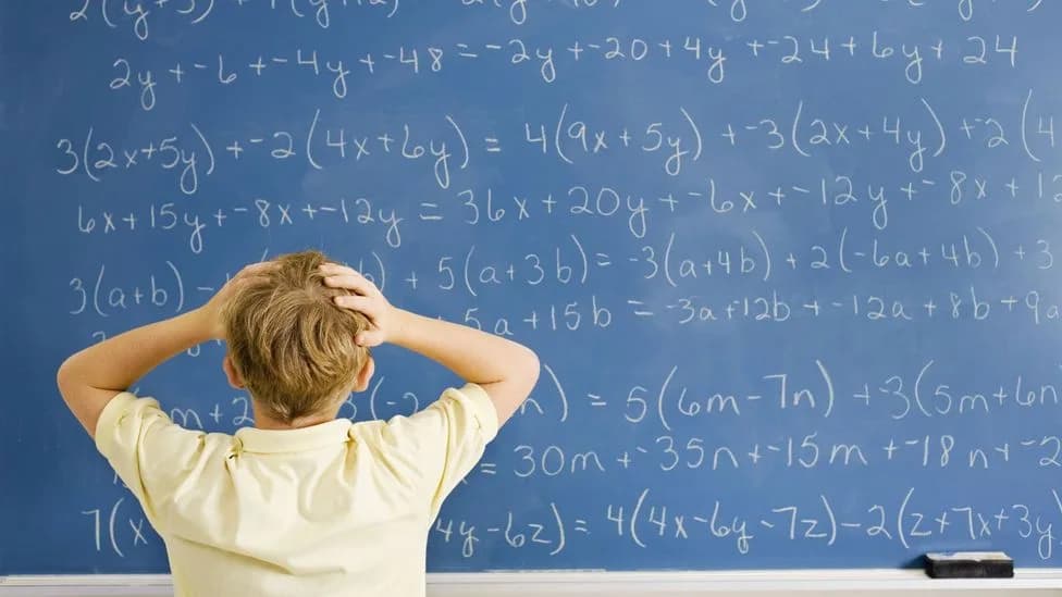 A boy seen from behind with his hands on his head, facing a blackboard covered in algebra.
